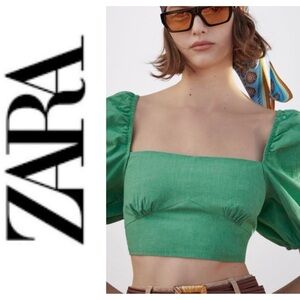 NWOT Zara green poplin puff sleeved lace up crop top